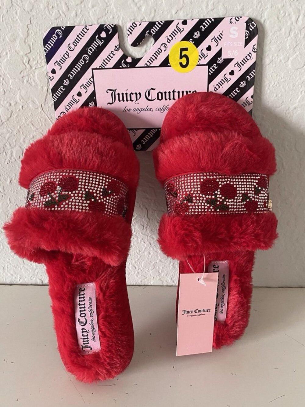 Juicy Couture GOJI Red Cherry Slippers Slides Rhinestones Faux Fur Sz‎ S 5/6 NEW